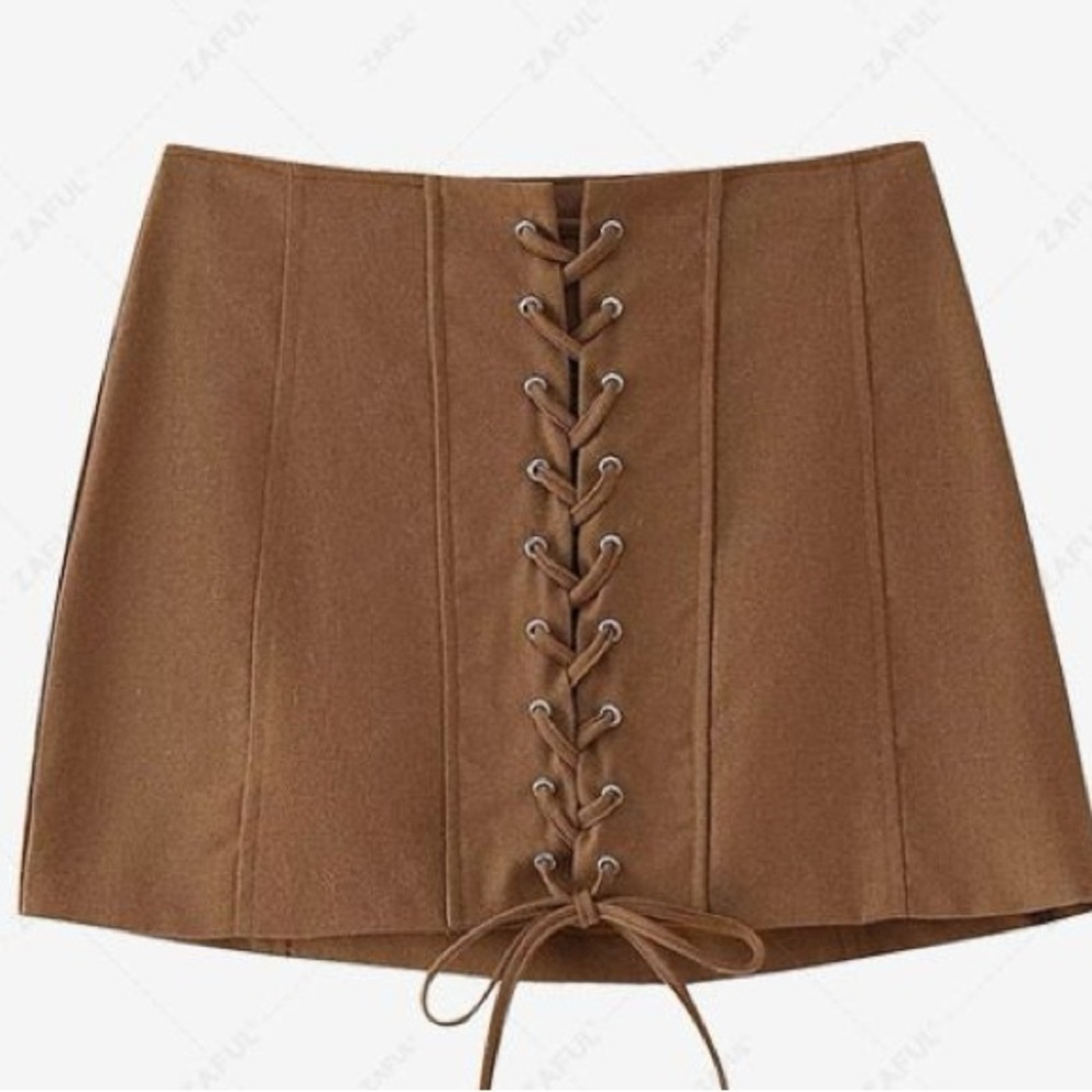 Commense Brown Suede Lace-Up Mini Skirt - Picture 2 of 7